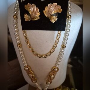Napier Gold-Tone Necklace And Earrings Set with Pearlescent Accents